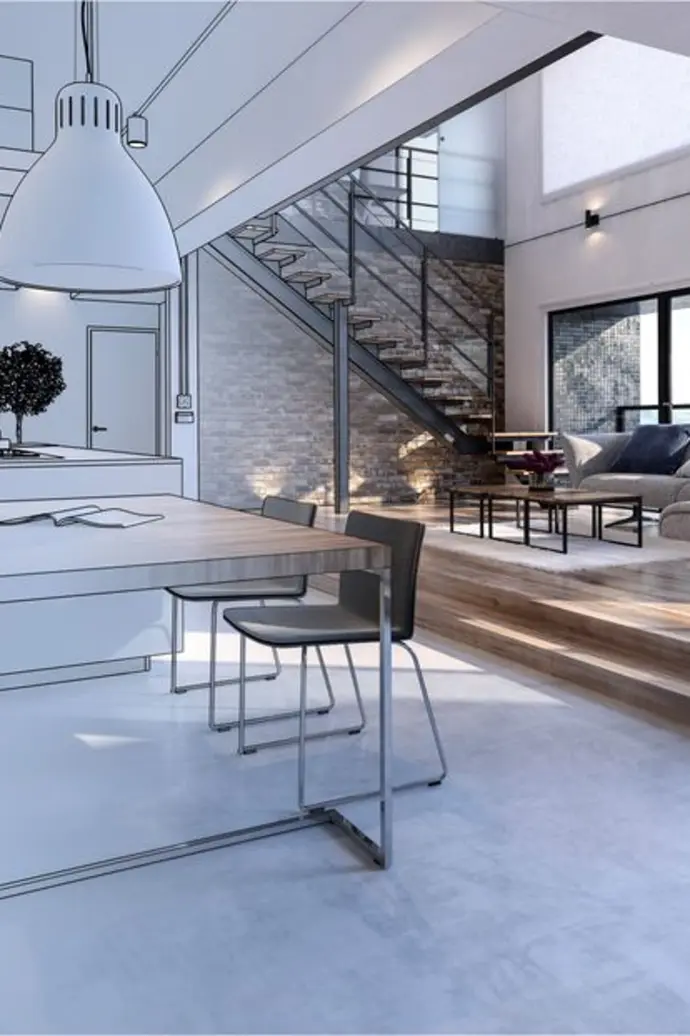 Imagem de uma sala modelada dentro do software TopSolid, sendo metade dela em estilo rascunho e outra metade já renderizada.